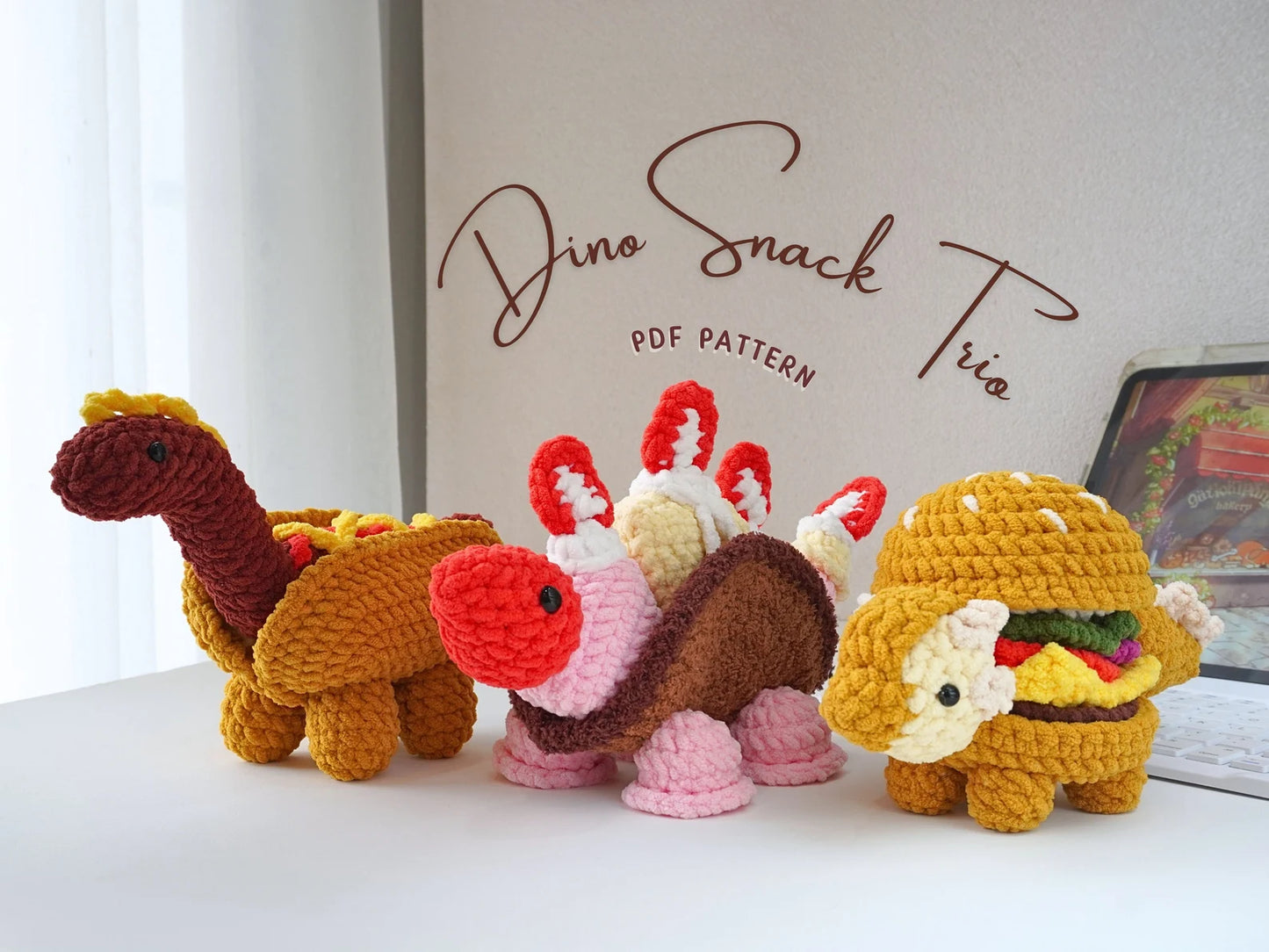 Dinosaur Crochet Pattern Bundle, Dino Snack Trio Crochet, Ice Cream Stegosaurus Crochet, Hot Dog Brachiosaurus Crochet, Ankylobuger Crochet