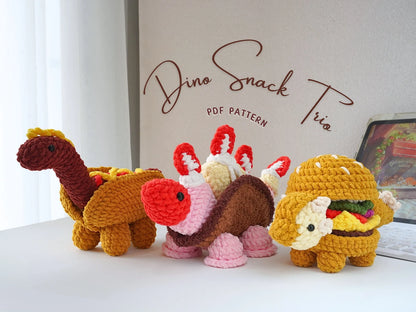 Dinosaur Crochet Pattern Bundle, Dino Snack Trio Crochet, Ice Cream Stegosaurus Crochet, Hot Dog Brachiosaurus Crochet, Ankylobuger Crochet