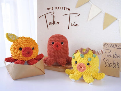 Tako Crochet Patterns Bundle | Fried Squid Takoyaki Pattern, Hot Dog Octopus Pattern, Takoyaki Pattern, Amigurumi Crochet Patterns